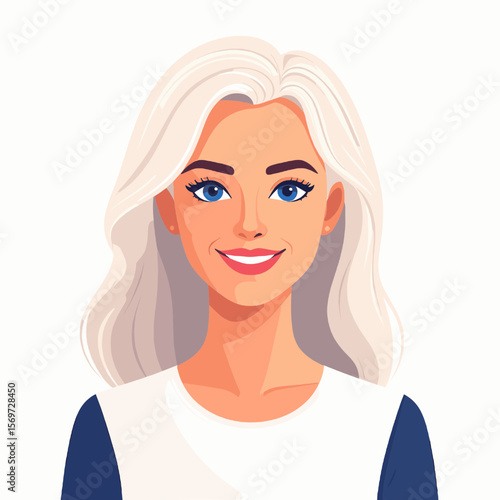 Cartoon Portrait of a Woman with Wavy Silver Hair and Blue Eyes Smiling Wearing White Top on a White Background