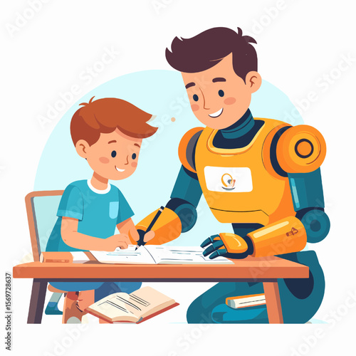Cartoon Robotic Tutor Assisting a Boy with Homework at a Table with an Open Book in a Light Blue Background