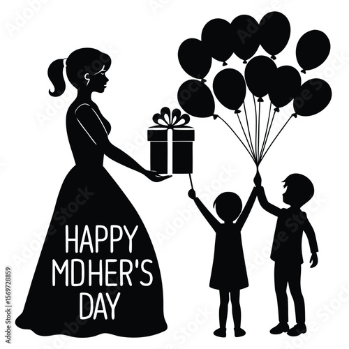Silhouette of Mother Receiving a Gift and Balloons from Children on Mother's Day A Heartwarming Black and White Illustration