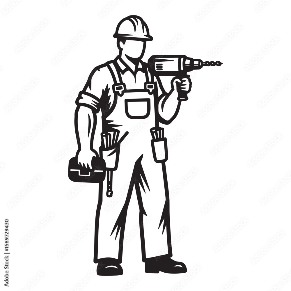Construction worker holding drill in a hand drawn black and white illustrated design Construction worker holding drill in a hand drawn black and white illustrated design