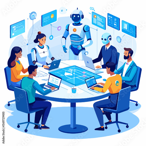 Collaborative Team with Robots Meeting Around Round Table Displaying Information on Laptops in a Modern Blue and White Corporate Vector Illustration