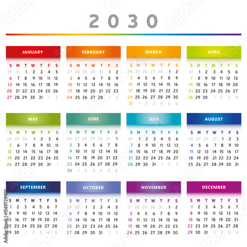 Calendrier 2030 en Anglais - Couleurs Arc-en-Ciel Format 4 Trimestres