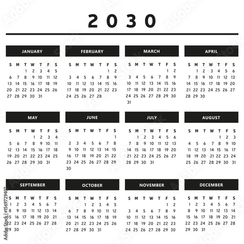 Calendrier 2030 en Anglais - Couleurs Noir et Blanc Format 4 Trimestres