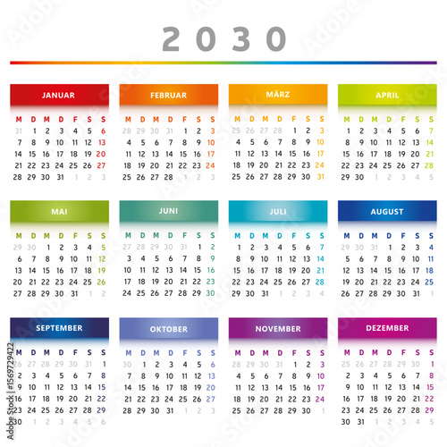 Calendrier 2030 en Allemand - Couleurs Arc-en-Ciel Format 4 Trimestres