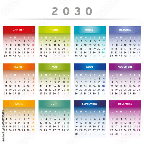Calendrier 2030 en Français - Couleurs Arc-en-Ciel Format 4 Trimestres