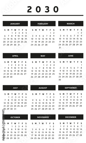 Calendrier 2030 en Anglais - Couleurs Noir et Blanc Format 4 Trimestres 3 Colonnes