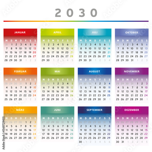 Calendrier 2030 en Allemand - Couleurs Arc-en-Ciel Format 4 Trimestres