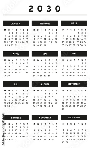 Calendrier 2030 en Allemand - Couleurs Noir et Blanc Format 4 Trimestres 3 Colonnes