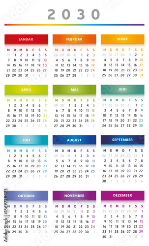 Calendrier 2030 en Allemand - Couleurs Arc-en-Ciel Format 3 Colonnes 4 Trimestres