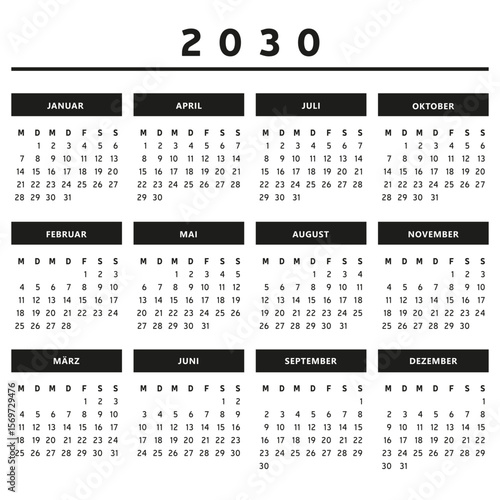 Calendrier 2030 en Allemand - Couleurs Noir et Blanc Format 4 Trimestres