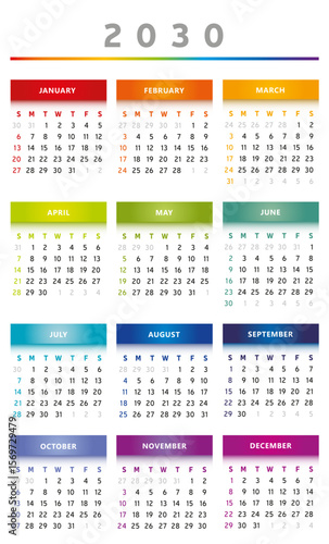 Calendrier 2030 en Anglais - Couleurs Arc-en-Ciel Format 3 Colonnes 4 Trimestres