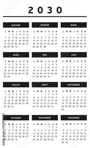 Calendrier 2030 en Français - Couleurs Noir et Blanc Format 4 Trimestres 3 Colonnes