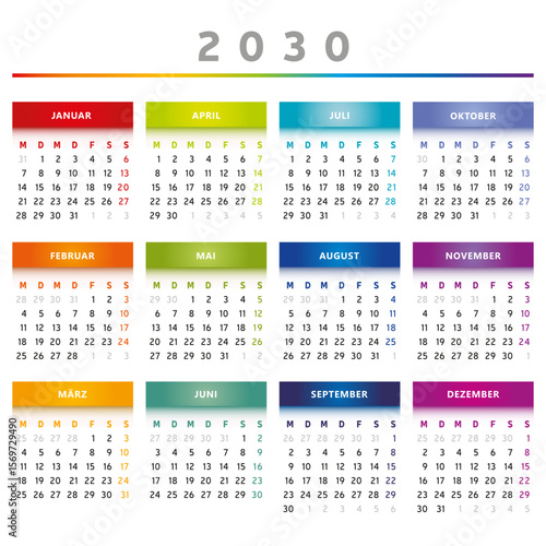Calendrier 2030 en Allemand - Couleurs Arc-en-Ciel Format 4 Trimestres
