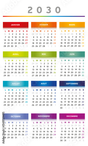 Calendrier 2030 en Français - Couleurs Arc-en-Ciel Format 3 Colonnes 4 Trimestres