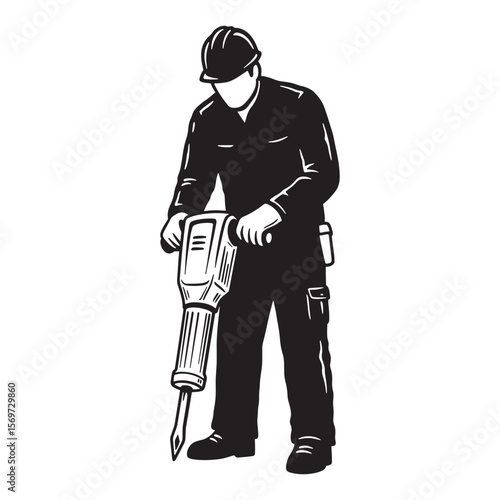 Construction worker operating a jackhammer in black and white vector illustration