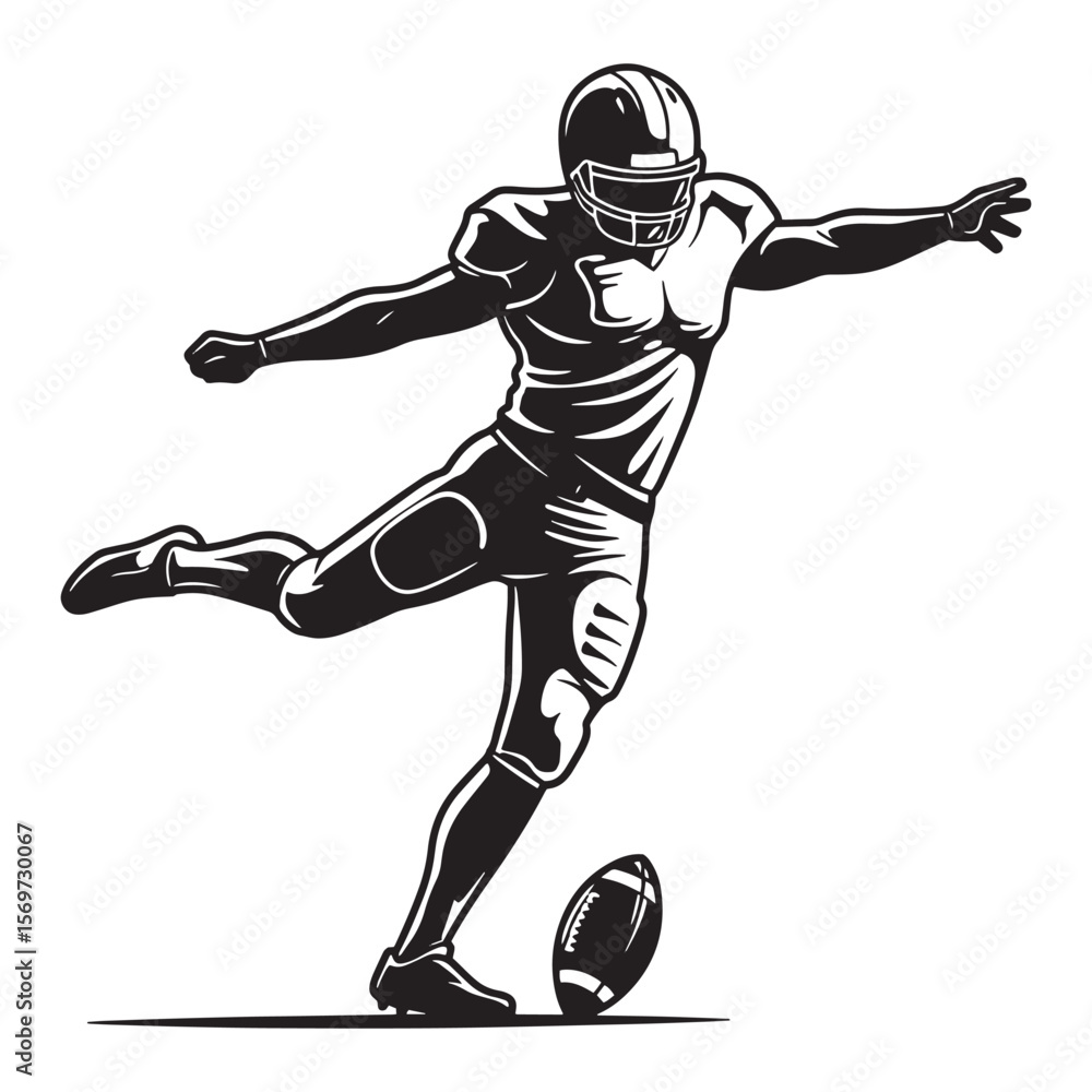 Naklejka premium Dynamic black and white illustration of an american football player kicking the ball