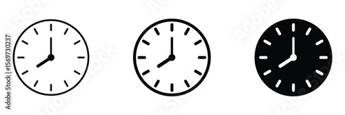 Wall clock timepiece round analog hour minute hands modern outline silhouette icon vector illustration set in flat design style.