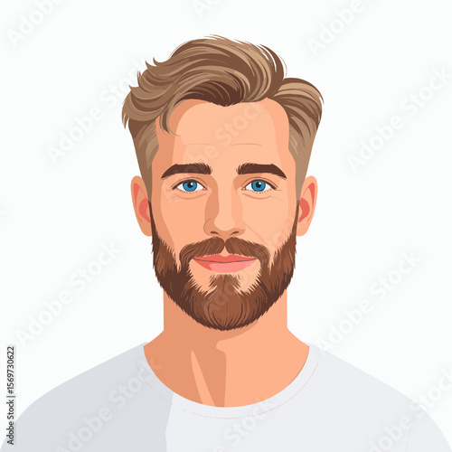Digital Portrait of a Young Blond Man with Beard and Blue Eyes in White Shirt on a White Background