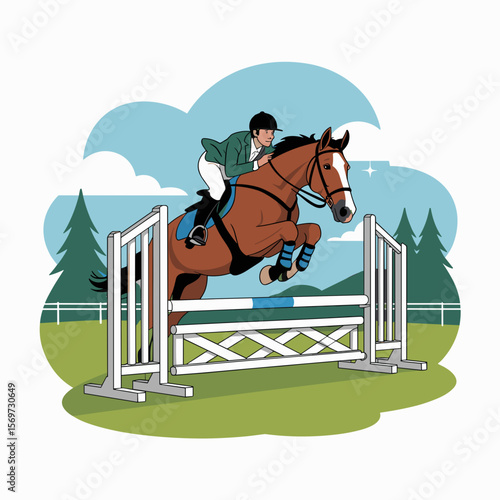 Horse and Rider Show Jumping Over Obstacle Vector