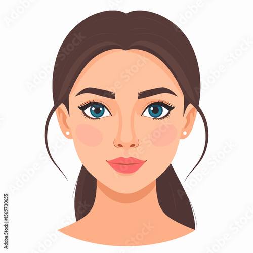 Digital Portrait of a Young Brunette Woman with Blue Eyes and Fair Skin Wearing Pearl Earrings with a White Background