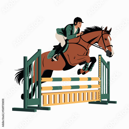 Horse and Rider Show Jumping Over Obstacle Vector