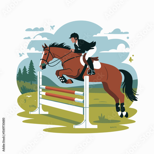 Horse and Rider Show Jumping Over Obstacle Vector
