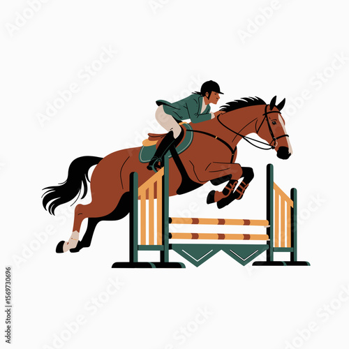 Horse and Rider Show Jumping Over Obstacle Vector
