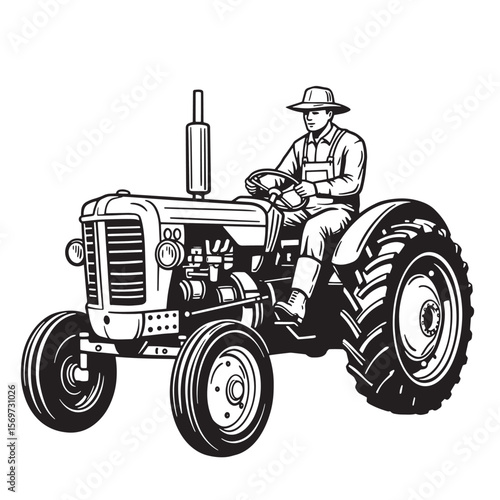 Farmer driving a vintage tractor illustration in classic black and white style.