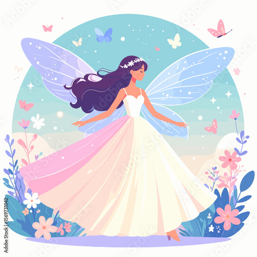 Elegant Fairy with Glittering Wings in a Pastel Colored Dress with Floral Accents on a Serene Sky Background in Dreamy Illustration