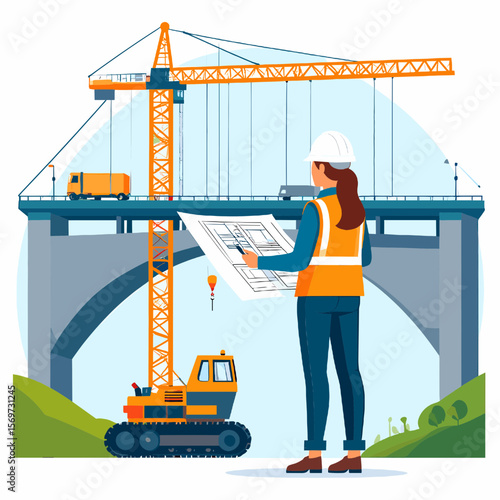 Female Engineer in White Hardhat Inspecting Blueprint at Construction Site with Yellow Crane Bridge and Delivery Truck Under Clear Blue Sky