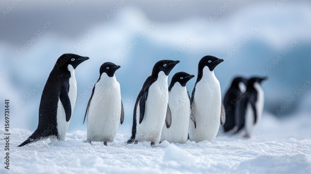 Fototapeta premium flat lay of a group of penguins on icy terrain, color tones: frost white, tuxedo black, and soft blue