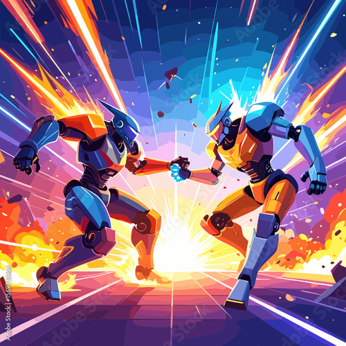Futuristic Robots Engage in Intense Battle with Explosions and Energy Collision in a Pixelated Retro Gaming Square Backdrop
