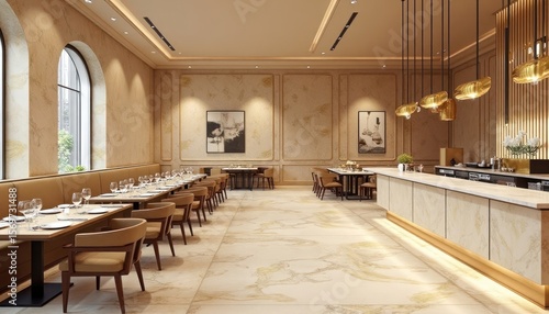 Interior view of a modern restaurant with tables, chairs, and bar area.