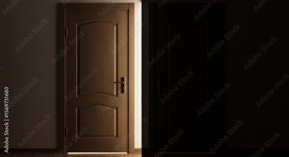 Fototapeta premium Light and Shadow: Wooden Doorway Leading to Darkness, Interior Design