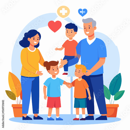 Happy Family Standing Together Under Health Protection Umbrella With Heart and Plus Sign in a Blue White Background Illustration