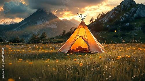 Serene sunset camping scene with a teepee in a vibrant flower-filled meadow near mountains