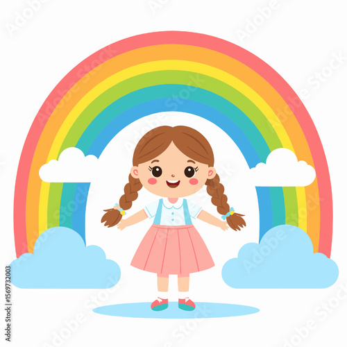 Illustration of a Girl with Braids under a Vibrant Rainbow with Fluffy Clouds on a White Background