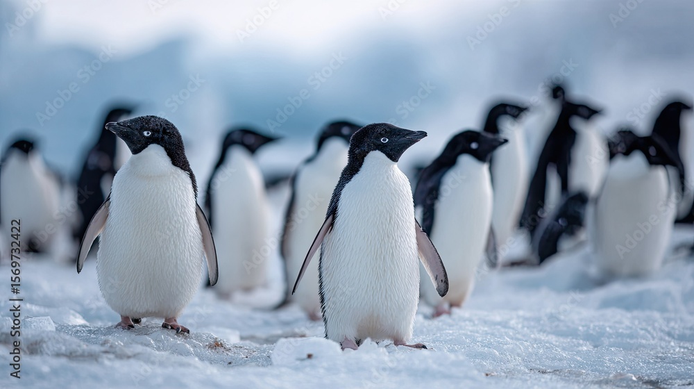 Obraz premium flat lay of a group of penguins on icy terrain, color tones: frost white, tuxedo black, and soft blue