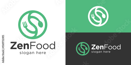 Creative simple zen food logo template. Yin Yang symbol with leaf and spoon fork for Balance diet logo design vector illustration.
