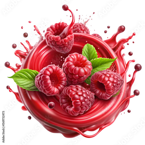 Raspberry juice explosion with berries in red splash isolated for fresh drink product design
