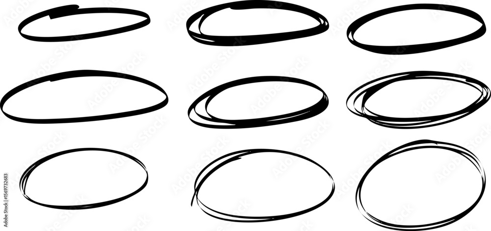 Set of 9 black hand-drawn oval marker circles. Each shape features dynamic sketch strokes on transparent background. Vector EPS 10 Set of 9 black hand-drawn oval marker circles. Each shape features dynamic sketch strokes on transparent background. Vector EPS 10