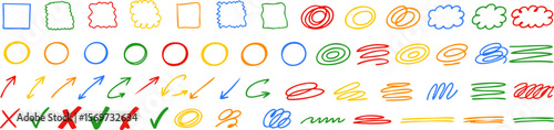 Colorful hand-drawn sketch set featuring boxes, circles, checkmarks, arrows, highlights, scribbles, and clouds on transparent background. Vector EPS 10