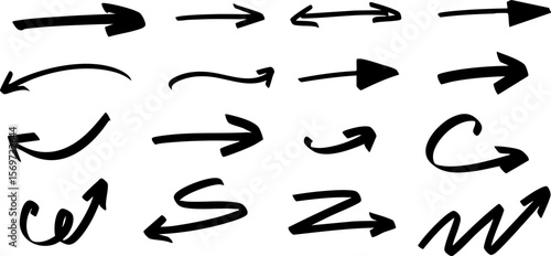 Collection of 20 hand-drawn black arrows in various dynamic styles. Curved, straight, bold, and zigzag designs on transparent background. Vector EPS 10