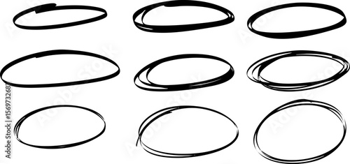 Set of 9 black hand-drawn oval marker circles. Each shape features dynamic sketch strokes on transparent background. Vector EPS 10