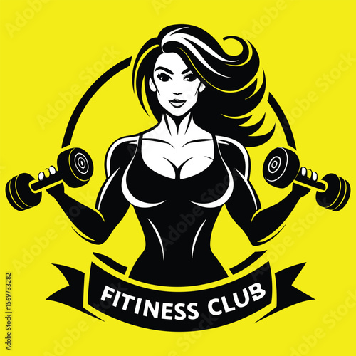Attractive woman holding dumbbells in a stylized fitness club emblem design on yellow background