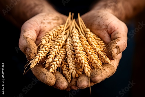 Closeup of a farmer s calloused weathered hands gently cupping and presenting a bundle of freshly harvested wheat or grain crops against a dark background
