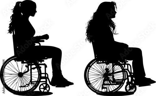 Vector silhouette of two women sitting on wheelchair