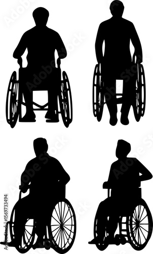 Four vector silhouettes of people with disabilities using wheelchairs, showcasing diverse perspectives and promoting inclusivity