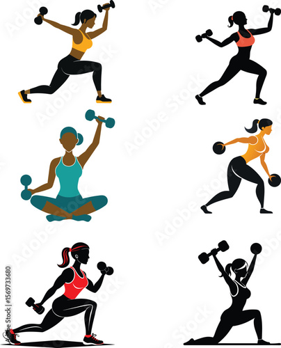 Silhouetted women performing various dumbbell exercises illustrating fitness and strength training