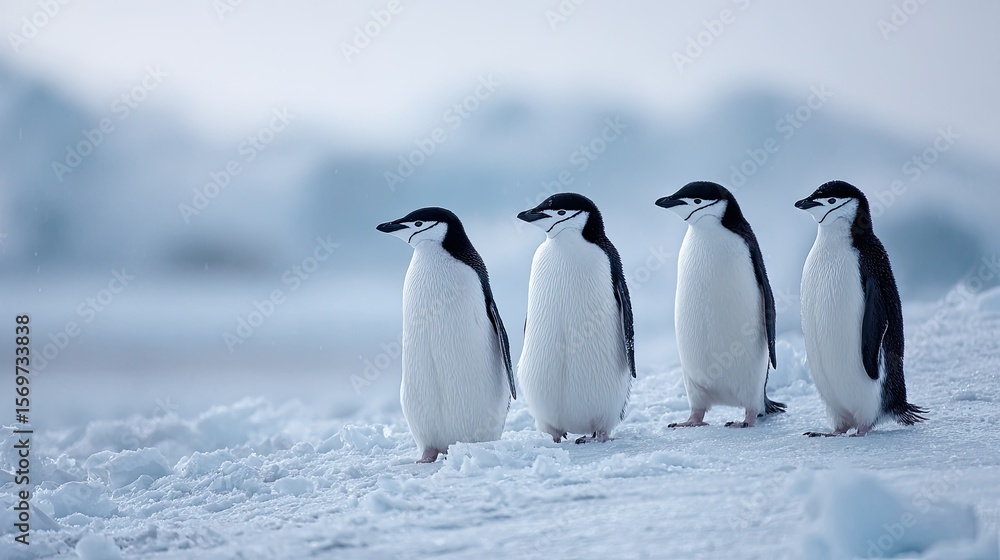 Naklejka premium flat lay of a group of penguins on icy terrain, color tones: frost white, tuxedo black, and soft blue